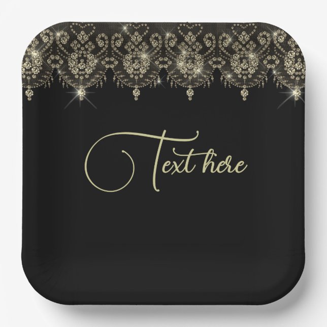 Black and gold lace elegant sparkle look paper plate (Front)