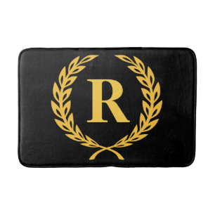 Black and Gold Laurel Wreath Monogram Bath Mat
