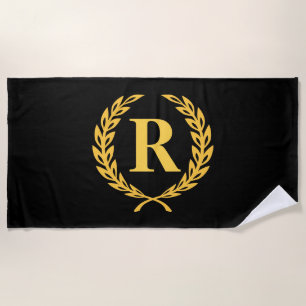 Black and Gold Laurel Wreath Monogram Beach Towel