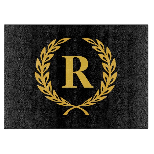 Black and Gold Laurel Wreath Monogram Cutting Board (Front)