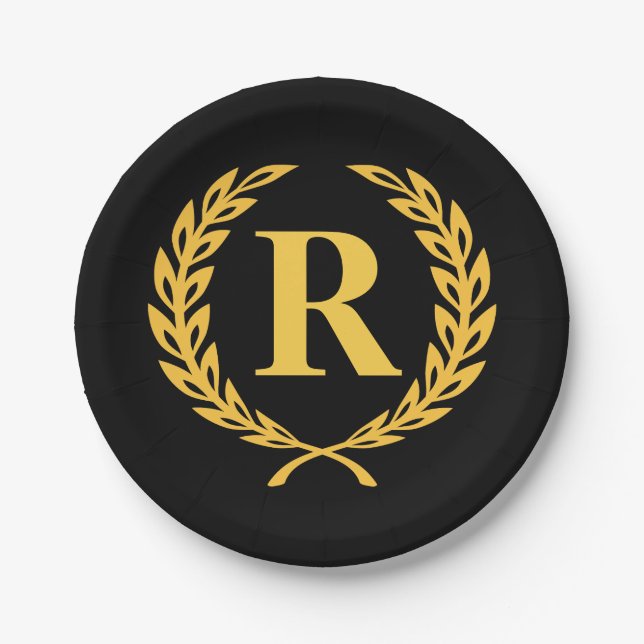Black and Gold Laurel Wreath Monogram Paper Plate (Front)