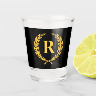 Black and Gold Laurel Wreath Monogram Shot Glass