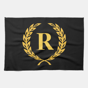 Black and Gold Laurel Wreath Monogram Tea Towel