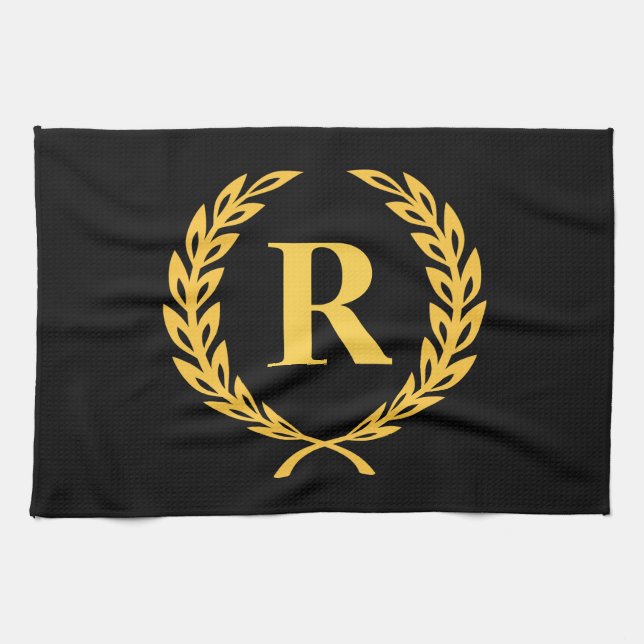 Black and Gold Laurel Wreath Monogram Tea Towel (Horizontal)