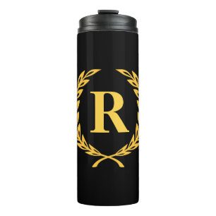 Black and Gold Laurel Wreath Monogram Thermal Tumbler
