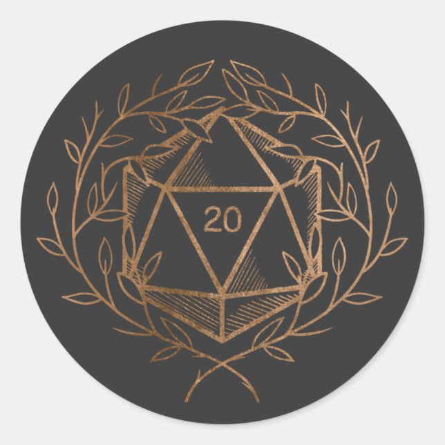 Black and Gold Laurels D20 Dice Classic Round Sticker (Front)