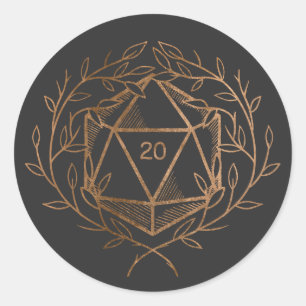 Black and Gold Laurels D20 Dice Classic Round Sticker