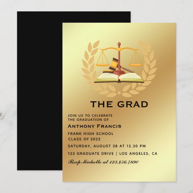 Black and Gold Lawyer Graduation Party Invitation (Front/Back)