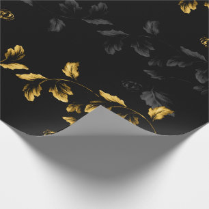 Black And Gold Leaf Branch Floral Vine 2 On Black Wrapping Paper