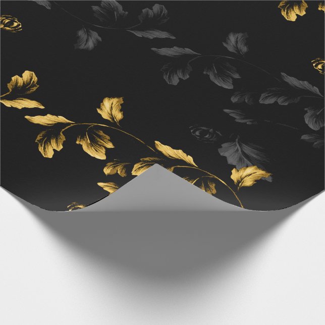 Black And Gold Leaf Branch Floral Vine 2 On Black Wrapping Paper (Corner)
