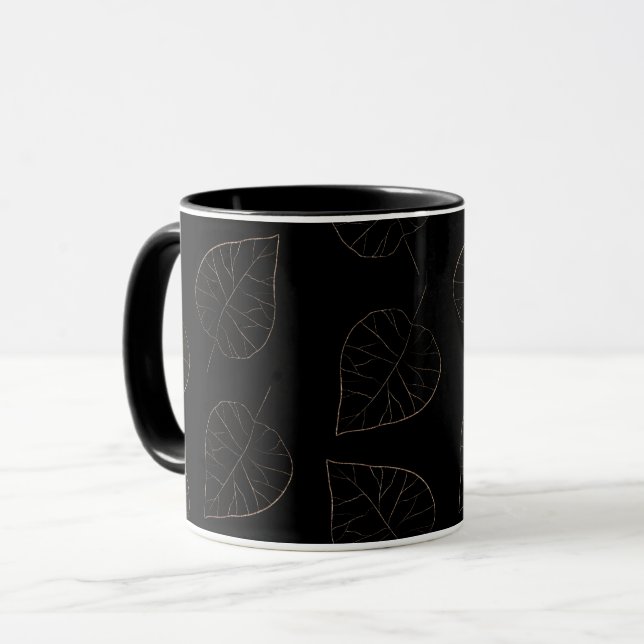 Black and Gold Leaf Pattern Coffee Mug (Front Left)