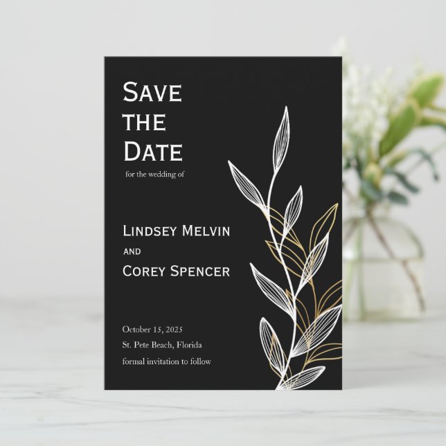 Black and Gold Leaf Wedding Save the Date Invitation (Standing Front)