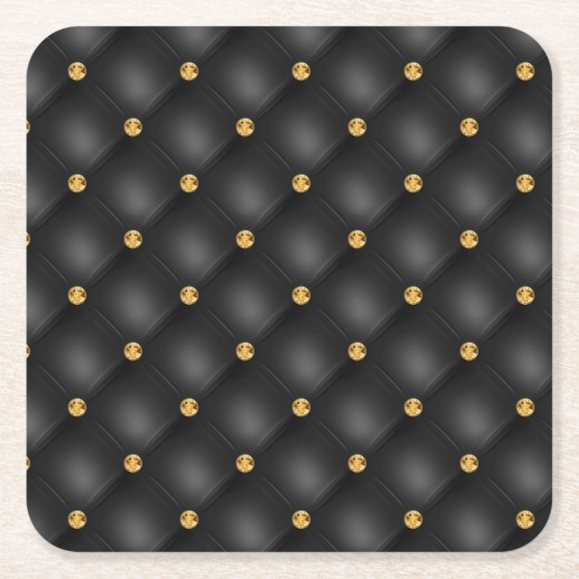 Black and Gold Leather Diamond Tufted Square Paper Coaster (Front)