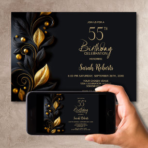 Black and Gold Leaves 55th Birthday Party Invitation