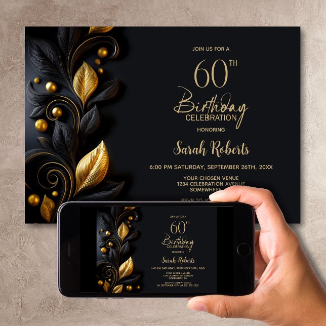 Black and Gold Leaves 60th Birthday Party Invitation (Creator Uploaded)