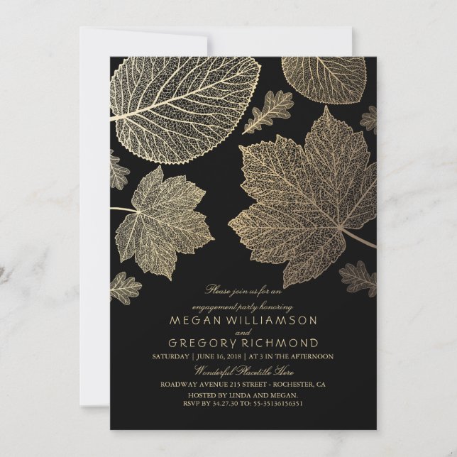 Black and Gold Leaves Fall Engagement Party Invitation (Front)