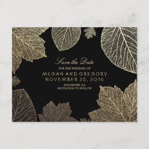 Black and gold leaves fall save the date announcement postcard