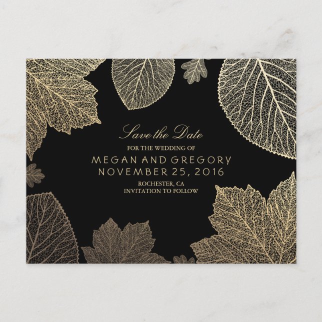 Black and gold leaves fall save the date announcement postcard (Front)