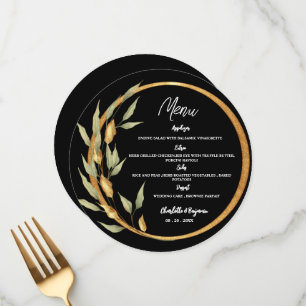 Black And Gold Leaves Frame Round Wedding Menu