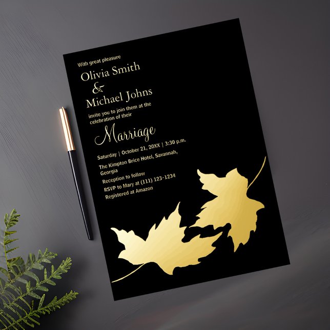 Black and Gold Leaves Minimalist Fall Invitation (Creator Uploaded)