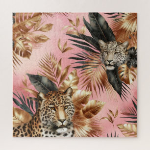 Black and Gold Leopard Pink Background Jigsaw Puzzle