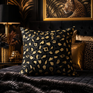 Black and Gold Leopard Print Animal Pattern Cushion