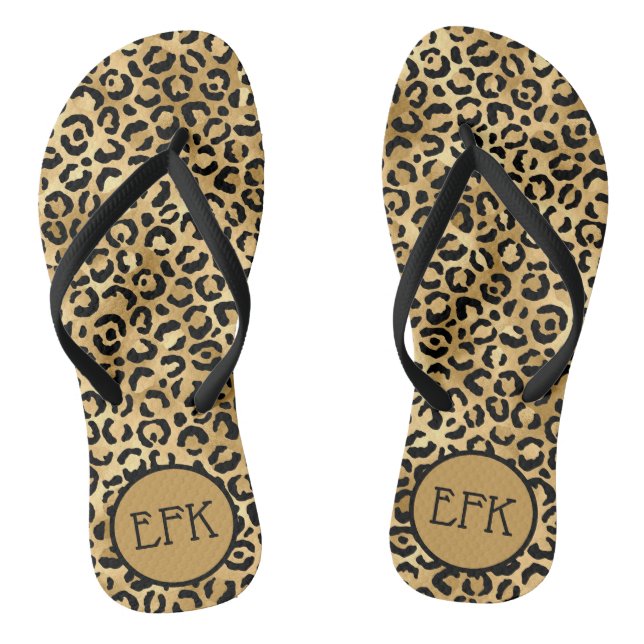 Black and Gold Leopard Print Animal Print Monogram Flip Flops (Footbed)
