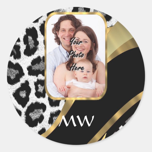 Black and gold leopard print classic round sticker (Front)