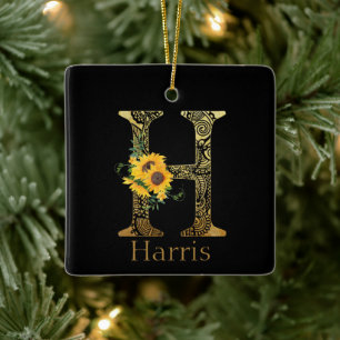 Black and Gold Letter H Sunflowers  Ceramic Ornament