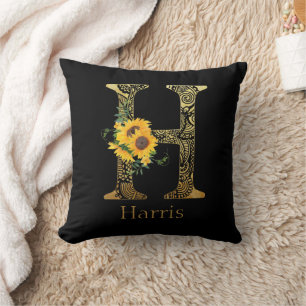 Black and Gold Letter H Sunflowers  Cushion