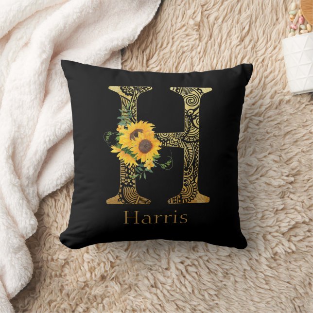 Black and Gold Letter H Sunflowers  Cushion (Blanket)