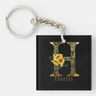 Black and Gold Letter H Sunflowers  Key Ring