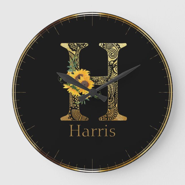 Black and Gold Letter H Sunflowers  Round Clock (Front)