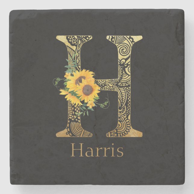 Black and Gold Letter H Sunflowers   Stone Coaster (Front)