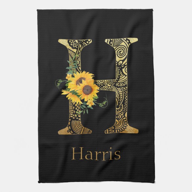 Black and Gold Letter H Sunflowers   Tea Towel (Vertical)