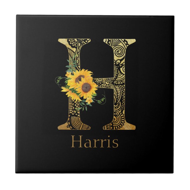Black and Gold Letter H Sunflowers  Tile (Front)
