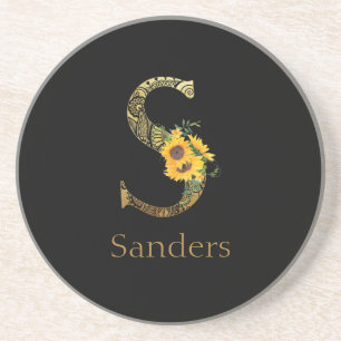 Black and Gold Letter S Sunflowers  Coaster
