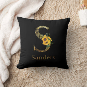 Black and Gold Letter S Sunflowers Cushion