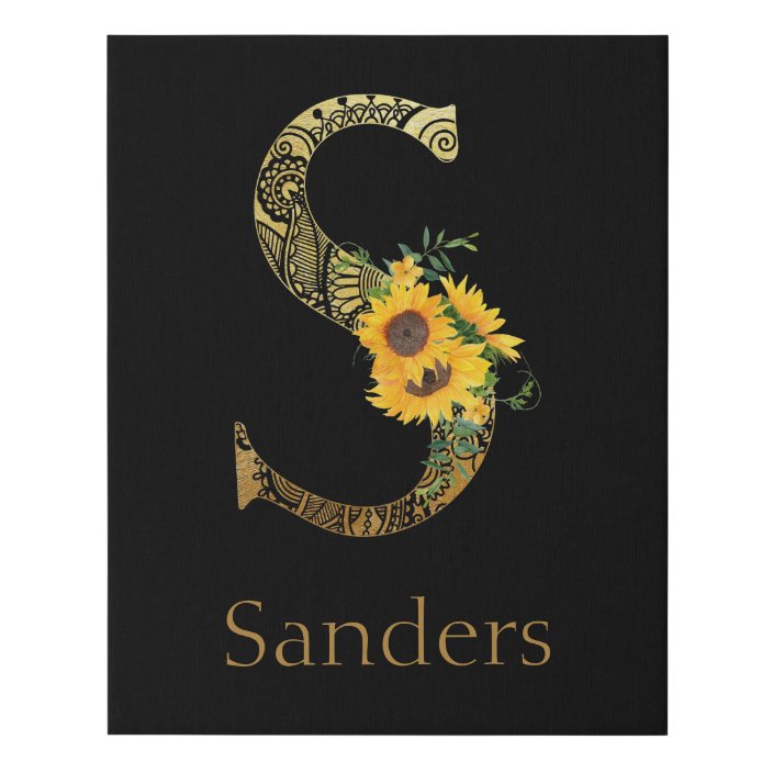 black and gold letter s sunflowers faux canvas print