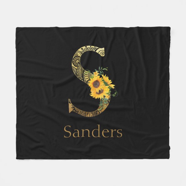 Black and Gold Letter S Sunflowers  Fleece Blanket (Front (Horizontal))