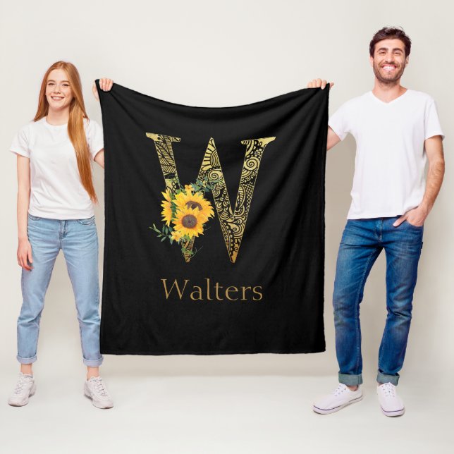 Black and Gold Letter W Sunflowers  Fleece Blanket (In Situ)
