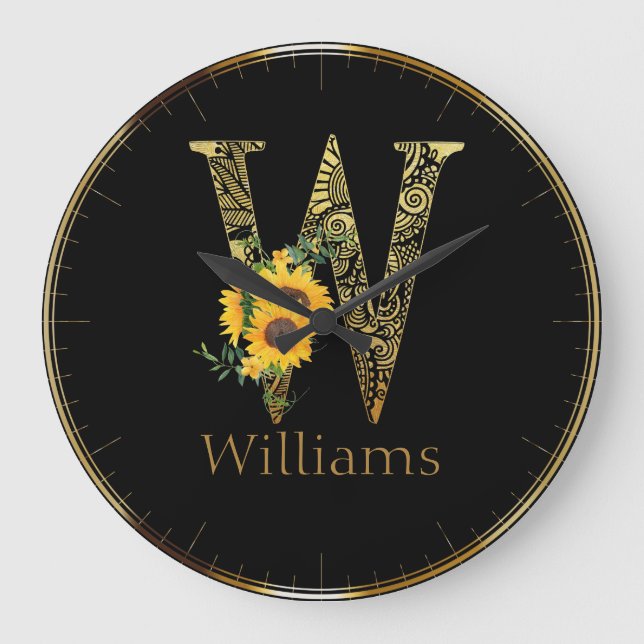 Black and Gold Letter W Sunflowers  Round Clock (Front)