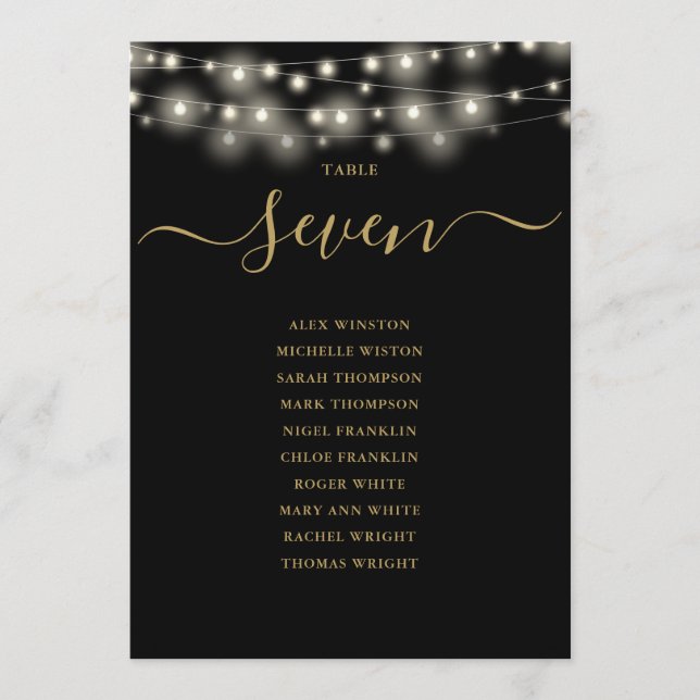 Black And Gold Lights Table Number Seating Chart (Front)