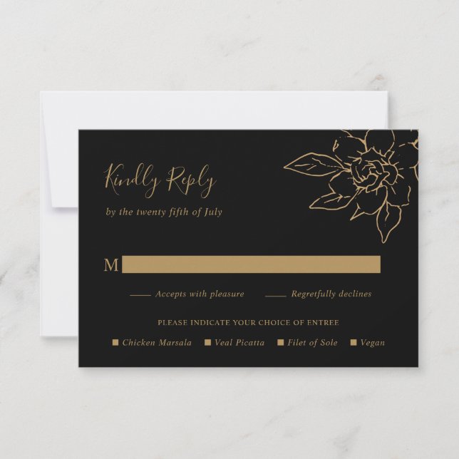 Black and Gold LIne Art Floral Elegant Wedding RSVP Card (Front)