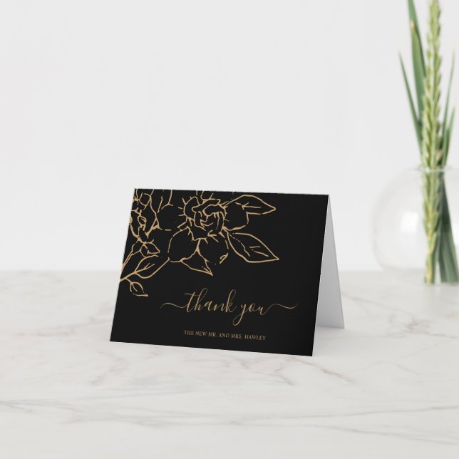Black and Gold LIne Art Floral Elegant Wedding Thank You Card (Front)