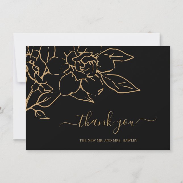 Black and Gold LIne Art Floral Elegant Wedding Thank You Card (Front)