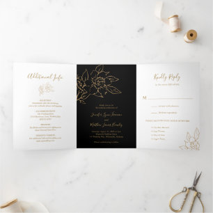 Black and Gold LIne Art Floral Elegant Wedding Tri-Fold Invitation