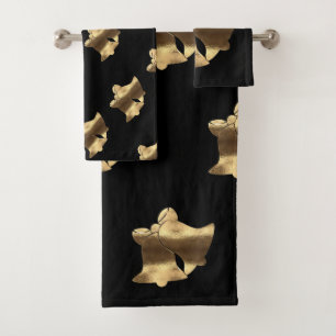 Black and Gold Look Christmas Bells Elegant Bath Towel Set