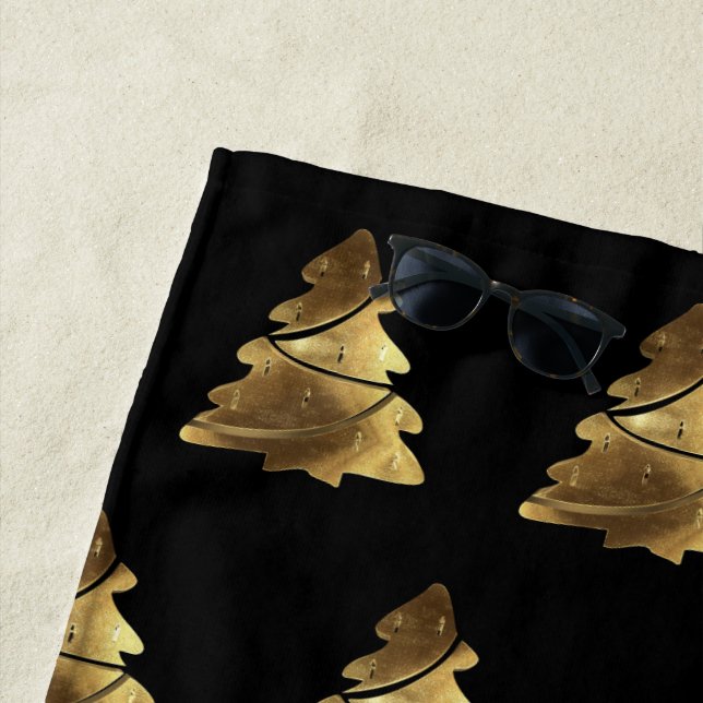 Black and Gold Look Christmas Tree Pattern Elegant Beach Towel (In Situ)