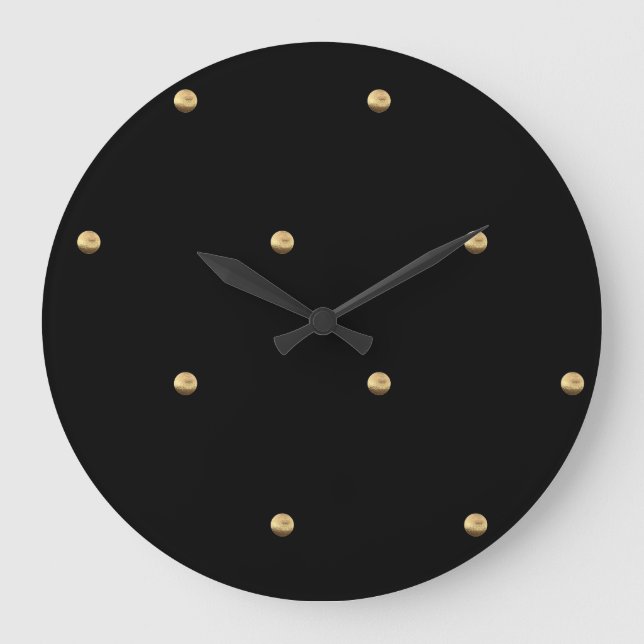 Black and Gold Look Polka Dot Pattern Elegant Large Clock (Front)